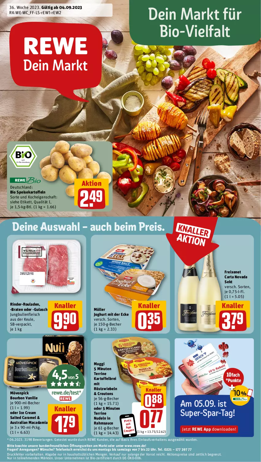 Aktueller Prospekt Rewe - Prospekte - von 04.09 bis 09.09.2023 - strona 1 - produkty: aktionspreis, aust, Becher, bio, bourbon, bourbon vanille, braten, Brei, caramel, coupon, croutons, eis, fleisch, freixenet, gulasch, joghur, joghurt, joghurt mit der ecke, jungbullen, kartoffel, kartoffelbrei, kartoffeln, mac, macadamia, maggi, mit röstzwiebeln, mövenpick, Müller, nudel, nudeln, reis, rind, rinder, rinder-rouladen, röstzwiebeln, rouladen, sauce, sekt, speisekartoffeln, telefon, terrine, Ti, uhr, vanille, zwiebel, zwiebeln