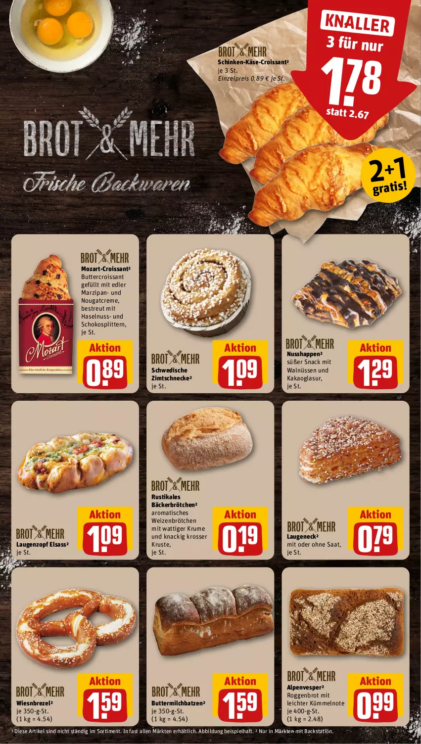 Aktueller Prospekt Rewe - Prospekte - von 04.09 bis 09.09.2023 - strona 13 - produkty: brezel, brot, brötchen, butter, buttermilch, creme, Croissant, eis, haselnuss, kakao, Käse, Laugeneck, marzipan, milch, Nougatcreme, nuss, reis, rum, schinken, schoko, snack, Ti, tisch, weizenbrötchen