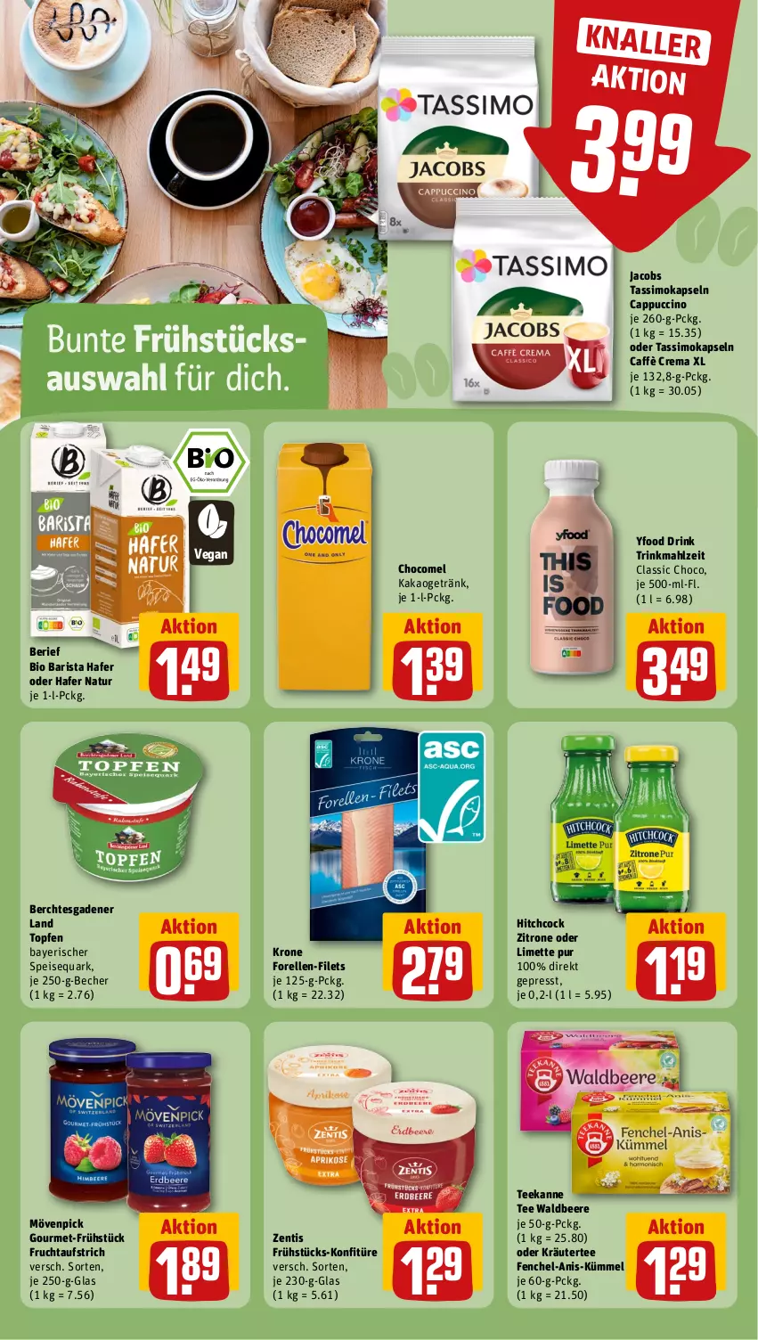 Aktueller Prospekt Rewe - Prospekte - von 04.09 bis 09.09.2023 - strona 14 - produkty: aufstrich, Becher, beere, bio, caffè crema, Cap, cappuccino, cin, drink, eis, elle, fenchel, filet, filets, forelle, frucht, fruchtaufstrich, getränk, hafer, jacobs, jacobs tassimo, kakao, konfitüre, kräuter, krone, limette, Mett, mövenpick, natur, oder kräuter, quark, rel, sim, speisequark, tassimo, tee, teekanne, Ti, topf, Topfen, zentis, zitrone