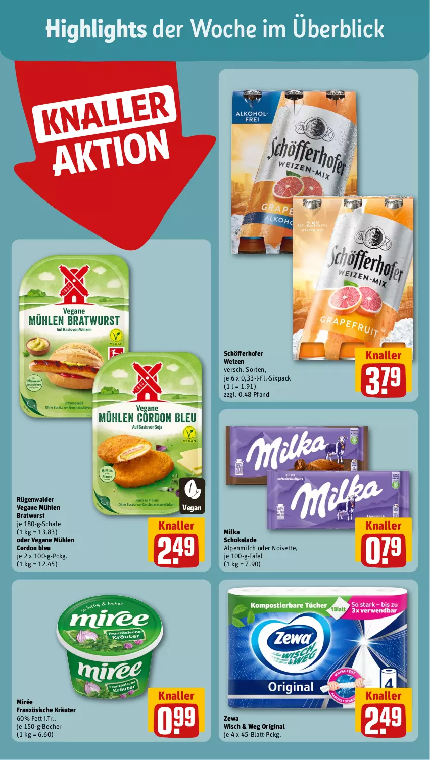 Aktueller Prospekt Rewe - Prospekte - von 04.09 bis 09.09.2023 - strona 2 - produkty: alpenmilch, Becher, bratwurst, cordon bleu, gin, kräuter, milch, milka, milka schokolade, rügenwalder, Schal, Schale, schöfferhofer, schoko, schokolade, wurst, zewa