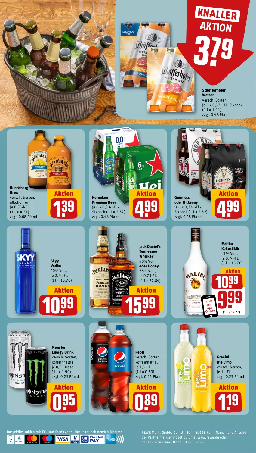 Aktueller Prospekt Rewe - Prospekte - von 04.09 bis 09.09.2023 - strona 24 - produkty: alkohol, Bundaberg, coupon, drink, eis, energy drink, granini, granini die limo, Guinness, heineken, jack daniel, jack daniel's, Kilkenny, kokos, likör, limo, Malibu, monster, Monster Energy, pepsi, reis, schöfferhofer, skyy, Skyy Vodka, telefon, tennessee whiskey, Ti, vodka, whiskey