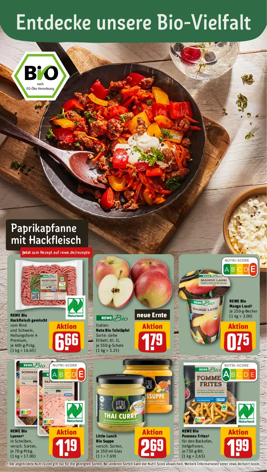 Aktueller Prospekt Rewe - Prospekte - von 04.09 bis 09.09.2023 - strona 4 - produkty: backofen, Becher, bio, decke, eis, fleisch, hackfleisch, hackfleisch gemischt, lyoner, mango, Ofen, paprika, pfanne, pommes, Pommes Frites, rewe bio, rezept, rezepte, rind, Schal, Schale, schwein, suppe, tafeläpfel, Ti, wein, Yo