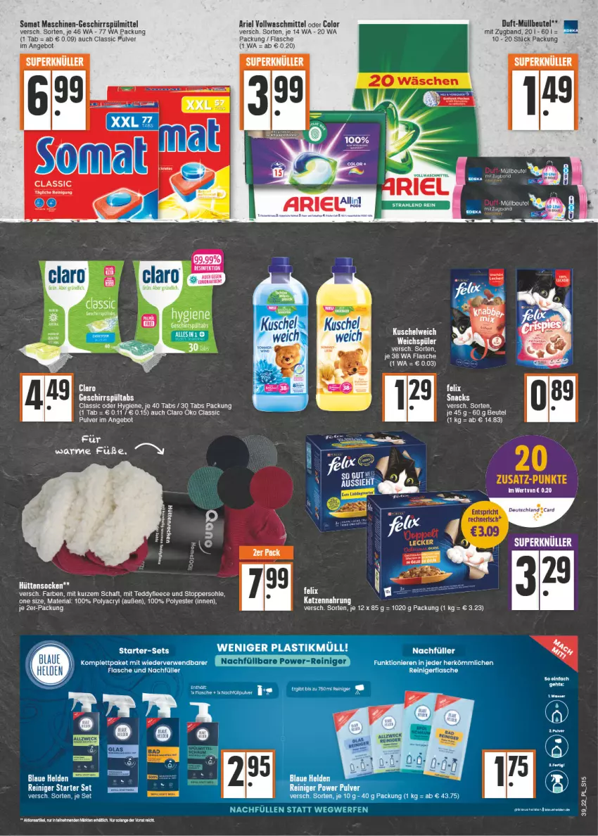 Aktueller Prospekt E Center - Angebote der Woche - von 26.09 bis 01.10.2022 - strona 15 - produkty: angebot, ariel, asti, bett, beutel, brut, Desinfektion, deutschland card, dimmer, eier, felix, flasche, geschirr, geschirrspülmittel, katzennahrung, müllbeutel, reiniger, Ria, rwe, Schere, snack, snacks, socken, somat, spülmittel, tee, Ti, topper, vollwaschmittel, waschmittel, weichspüler