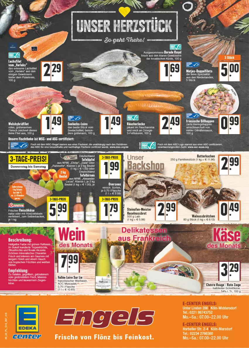 Aktueller Prospekt E Center - Angebote der Woche - von 26.09 bis 01.10.2022 - strona 16 - produkty: aqua, arla, beutel, Birnen, braten, brötchen, butter, Dorade, dorade royal, eis, ente, feinkost, filet, filets, Finish, fisch, fische, Fischer, flasche, fleisch, fleischkäse, früchte, früchten, halbfester schnittkäse, haselnuss, hering, Herings, Heringshappen, Käse, kuchen, lachs, lachsfilet, LG, matjes, Meister, mit röstzwiebeln, natur, nuss, Ofen, Rauch, reis, ring, röstzwiebeln, rouge, salat, salate, sauce, Schere, schnittkäse, seelachsfilet, Spezi, steinofen, tafeläpfel, tafelbirnen, tee, Ti, tisch, uhr, walnuss, wein, Weißwein, zwiebel, zwiebeln