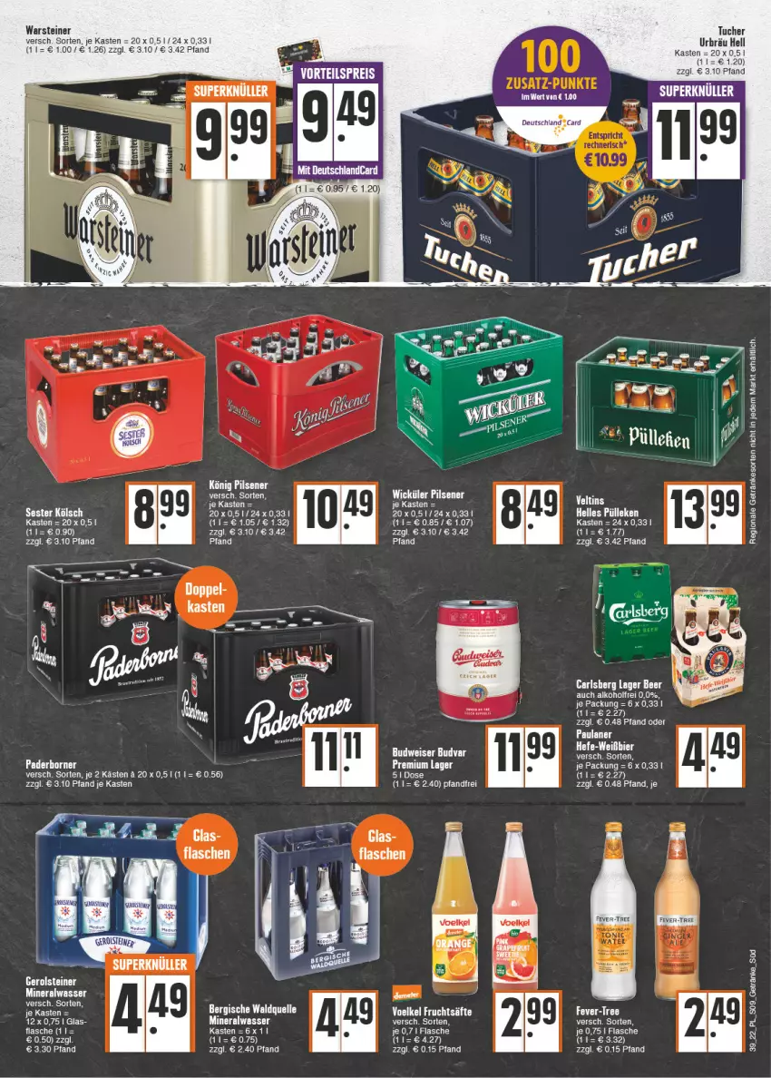 Aktueller Prospekt E Center - Angebote der Woche - von 26.09 bis 01.10.2022 - strona 9 - produkty: ACC, alkohol, Alwa, bier, elle, fever-tree, flasche, getränk, getränke, Hefe, mineralwasser, orange, pils, pilsener, steiner, Ti, tuc, Tucher, uhr, warsteiner, wasser, WICK