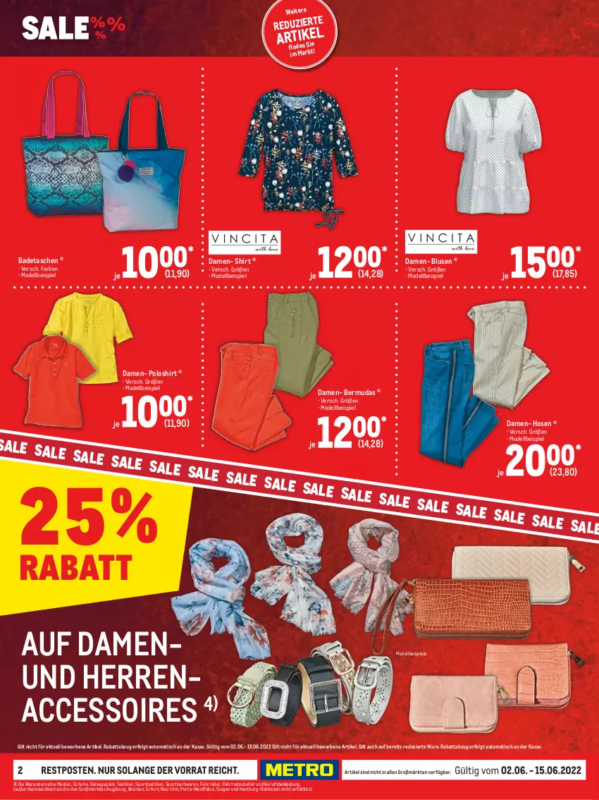 Aktueller Prospekt Metro - Sale Spezial - von 02.06 bis 15.06.2022 - strona 2 - produkty: ACC, accessoires, auto, Bad, bermuda, bermudas, bluse, dell, eis, Fahrrad, heimtextilien, hose, hosen, kleid, Kleidung, LG, Mode, poloshirt, reis, schuhe, shirt, Spiele, Sport, Tasche, taschen, Ti, tisch