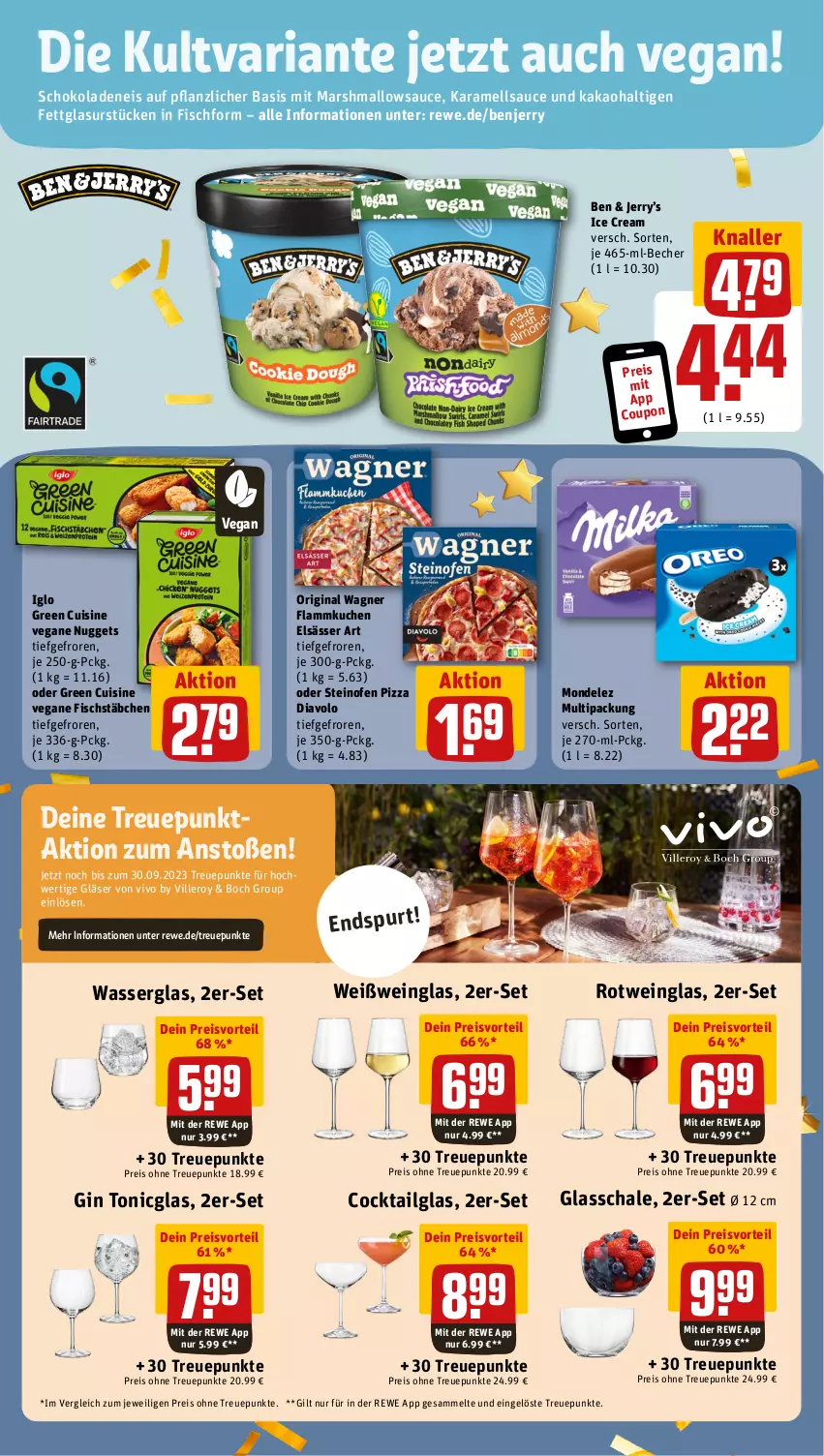 Aktueller Prospekt Rewe - Prospekte - von 25.09 bis 30.09.2023 - strona 15 - produkty: Becher, cocktail, coupon, eis, elsässer art, fisch, fischstäbchen, flammkuchen, gin, Gläser, iglo, kakao, karamell, kuchen, lamm, LG, mars, mondelez, nuggets, Ofen, original wagner, pizza, preisvorteil, reis, Ria, rotwein, sauce, Schal, Schale, schoko, schokolade, schokoladen, steinofen, steinofen pizza, Ti, tonic, wagner, wasser, wein, Weißwein