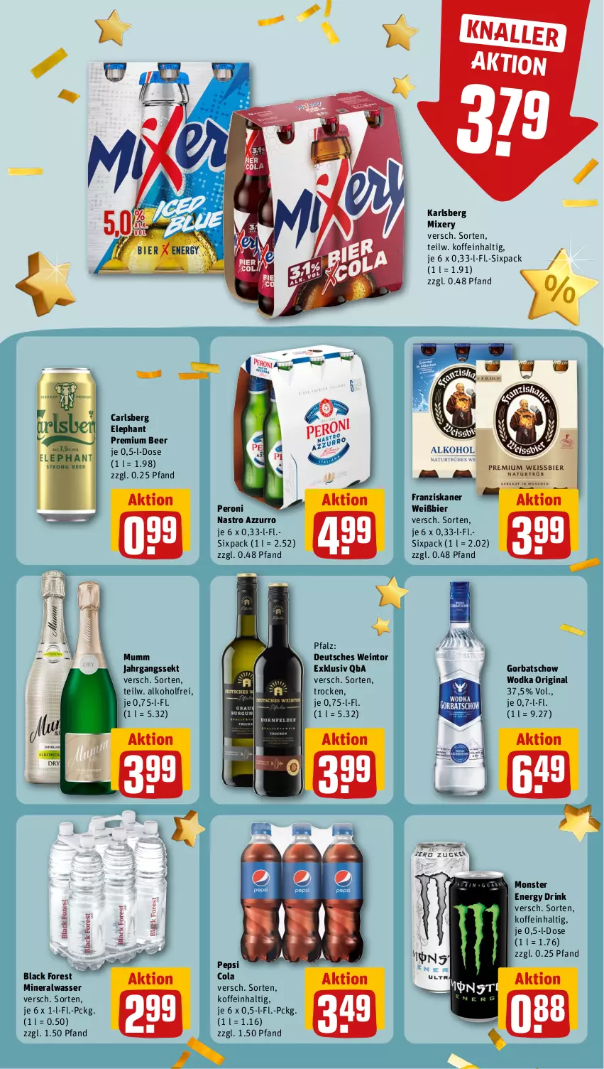 Aktueller Prospekt Rewe - Prospekte - von 25.09 bis 30.09.2023 - strona 18 - produkty: alkohol, Alwa, bier, black forest, carlsberg, cola, drink, energy drink, franziskaner, gin, Gorbatschow, gorbatschow wodka, jahrgangssekt, karlsberg, karlsberg mixery, lack, mineralwasser, Mixer, mixery, monster, Monster Energy, mumm, pepsi, Pepsi Cola, Peroni, sekt, Ti, wasser, wein, wodka