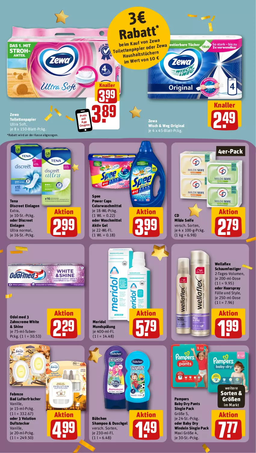 Aktueller Prospekt Rewe - Prospekte - von 25.09 bis 30.09.2023 - strona 19 - produkty: aktiv gel, Bad, bübchen, Cap, colorwaschmittel, coupon, creme, Discreet, duschgel, eis, febreze, gin, haarspray, lufterfrischer, meridol, mundspülung, Odol, odol med, pampers, pampers baby dry, Pants, papier, reis, schaumfestiger, Seife, shampoo, spee, spülung, Ti, toilettenpapier, vanille, waschmittel, Wella, wellaflex, windeln, zahncreme, zewa