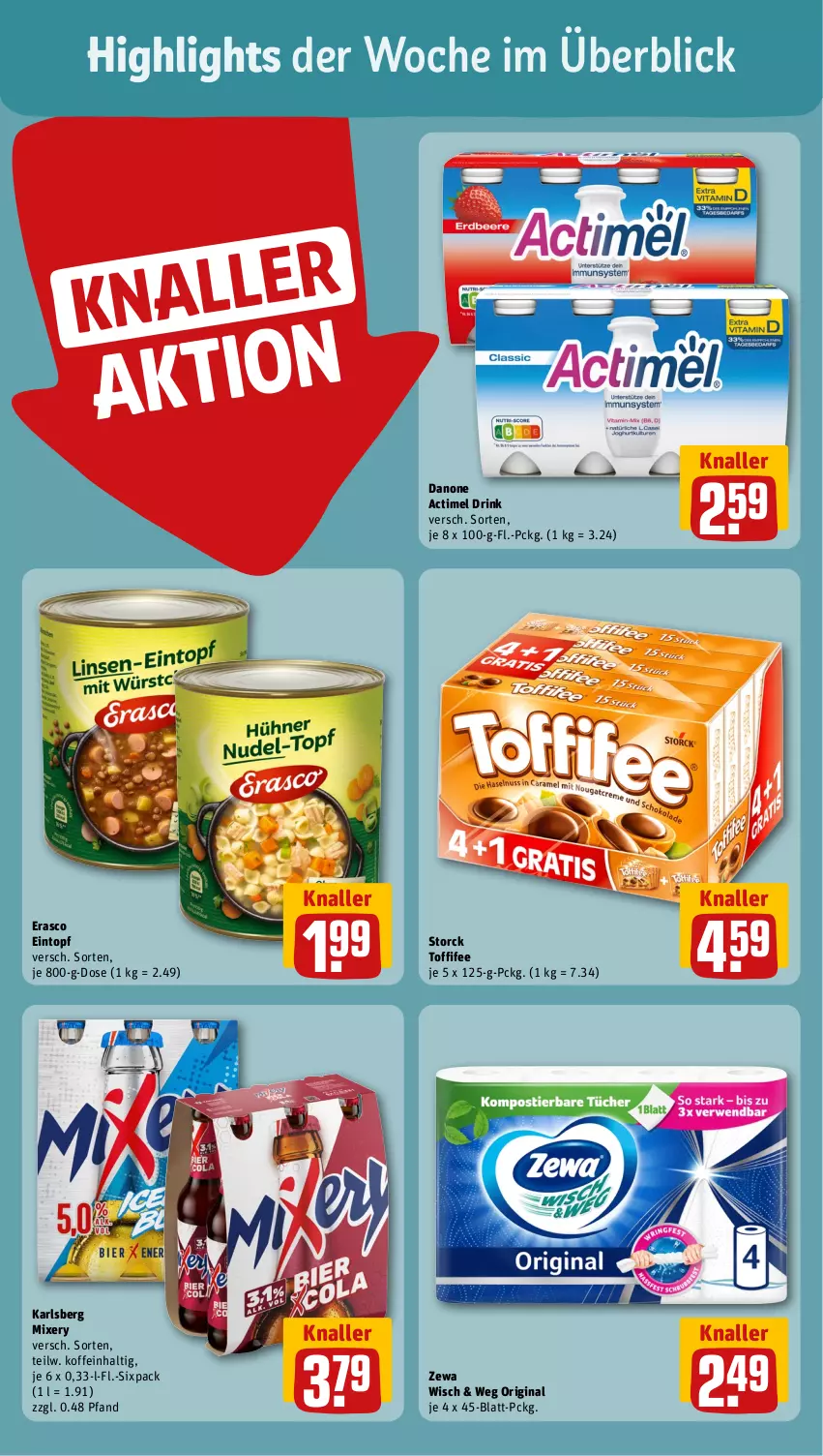 Aktueller Prospekt Rewe - Prospekte - von 25.09 bis 30.09.2023 - strona 2 - produkty: actimel, actimel drink, danone, danone actimel drink, drink, eintopf, erasco, gin, karlsberg, karlsberg mixery, Mixer, mixery, storck, Ti, toffifee, topf, zewa