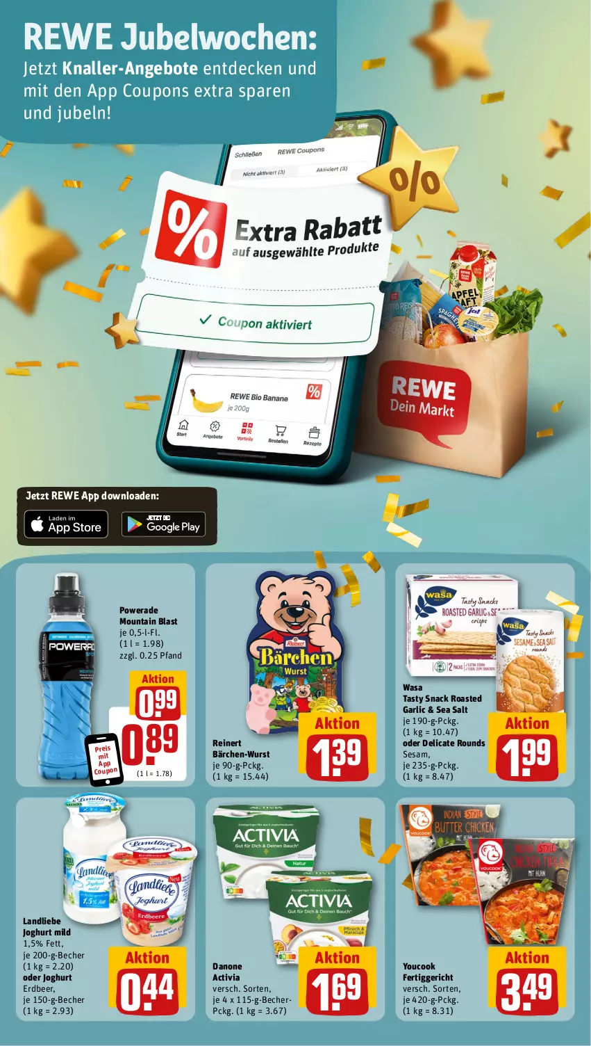 Aktueller Prospekt Rewe - Prospekte - von 25.09 bis 30.09.2023 - strona 4 - produkty: activia, angebot, angebote, Becher, coupon, coupons, danone, danone activia, decke, eis, fertiggericht, joghur, joghurt, joghurt mild, landliebe, landliebe joghurt, reinert, reis, sesam, snack, Ti, wasa, wurst, Yo, YouCook