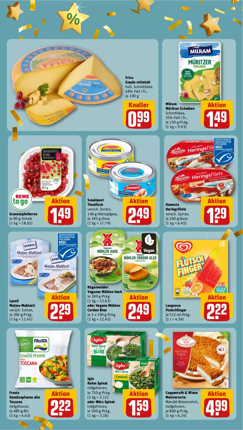 Aktueller Prospekt Rewe - Prospekte - von 25.09 bis 30.09.2023 - strona 5 - produkty: apfel, coppenrath, cordon bleu, eis, filet, filets, fisch, frico, frosta, gouda, grana, granatapfel, granatapfelkerne, hawesta, hering, Herings, heringsfilets, iglo, Käse, langnese, lysell, mandel, matjes, Meister, milram, pfanne, Rana, ring, rügenwalder, saupiquet, Schal, Schale, schnittkäse, spinat, thunfisch, Ti, torte