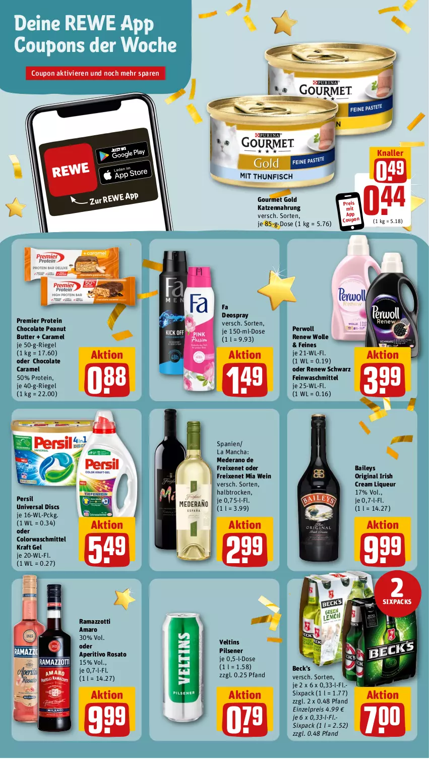 Aktueller Prospekt Rewe - Prospekte - von 25.09 bis 30.09.2023 - strona 8 - produkty: amaro, aperitivo rosato, baileys, butter, caramel, cola, colorwaschmittel, coupon, coupons, deo, deospray, eis, feinwaschmittel, freixenet, gin, gourmet gold, irish cream, katzennahrung, kraft, liqueur, peanut butter, persil, perwoll, pils, pilsener, rama, ramazzott, ramazzotti, reis, riegel, rosato, Ti, veltins, veltins pilsener, waschmittel, wein, wolle, zott