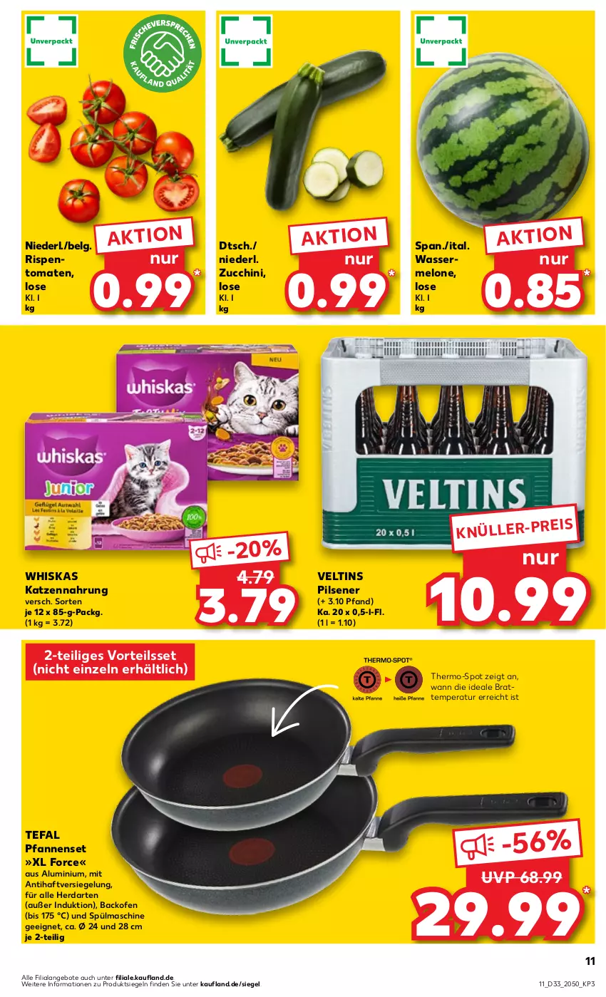 Aktueller Prospekt Kaufland - Prospekt - von 17.08 bis 23.08.2023 - strona 11 - produkty: angebot, angebote, backofen, eis, herdarten, katzennahrung, LG, melone, Ofen, pfanne, pfannen, pils, pilsener, rispentomaten, tefal, Ti, tomate, tomaten, veltins, veltins pilsener, wasser, wassermelone, whiskas, zucchini