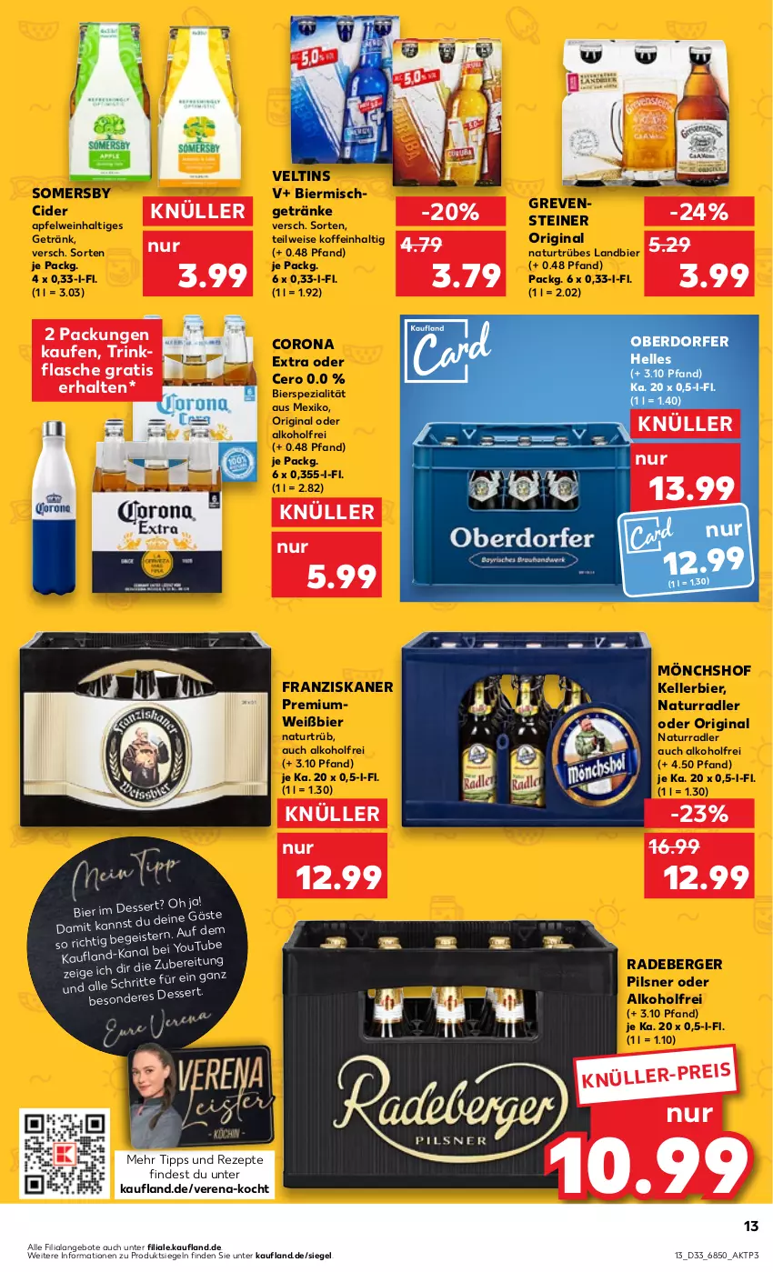 Aktueller Prospekt Kaufland - Prospekt - von 17.08 bis 23.08.2023 - strona 13 - produkty: alkohol, angebot, angebote, apfel, apfelwein, Berger, bier, cider, corona, corona extra, eis, elle, flasche, franziskaner, getränk, getränke, gin, grevensteiner, kellerbier, mönchshof, natur, pils, pilsner, Premiumweiß, radeberger, radeberger pilsner, radler, rezept, rezepte, somersby, Spezi, steiner, Ti, trinkflasche, veltins, wein, Yo