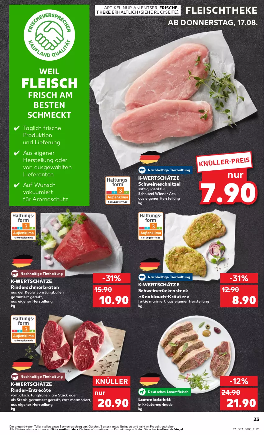 Aktueller Prospekt Kaufland - Prospekt - von 17.08 bis 23.08.2023 - strona 23 - produkty: angebot, angebote, besteck, braten, eis, elle, entrecôte, fleisch, geschirr, ilag, jungbullen, knoblauch, kotelett, kräuter, lamm, Lammfleisch, lammkotelett, marinade, rind, rinder, Rückensteak, saft, schmorbraten, schnitzel, schwein, schweine, schweinerücken, schweineschnitzel, steak, teller, Ti, wein, weine, wiener