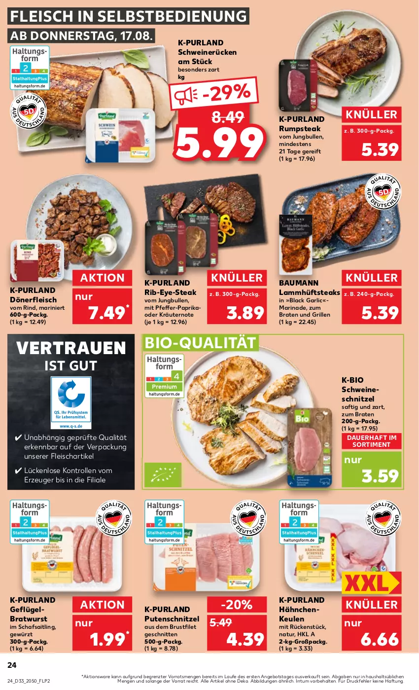 Aktueller Prospekt Kaufland - Prospekt - von 17.08 bis 23.08.2023 - strona 24 - produkty: angebot, auer, Bau, bio, braten, bratwurst, brustfilet, eis, filet, fleisch, fleisch in selbstbedienung, Geflügel, gewürz, grill, hüftsteak, hüftsteaks, jungbullen, kräuter, kräutern, lack, lamm, marinade, natur, nerf, oder kräuter, paprika, pfeffer, purland, pute, putenschnitzel, rind, rum, rumpsteak, saft, schnitten, schnitzel, schwein, schweine, schweinerücken, schweineschnitzel, steak, steaks, Ti, wein, weine, wurst, ZTE