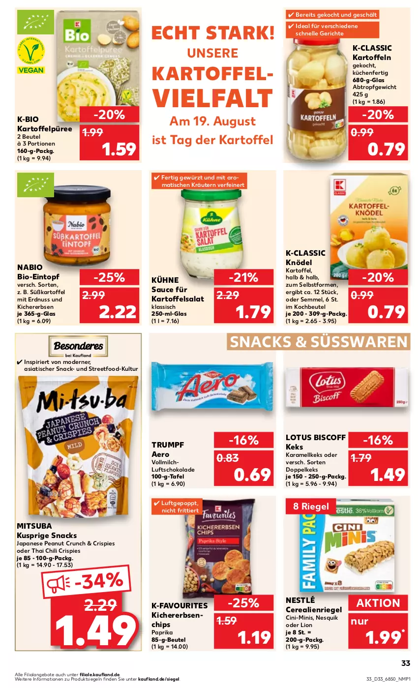 Aktueller Prospekt Kaufland - Prospekt - von 17.08 bis 23.08.2023 - strona 33 - produkty: angebot, angebote, beutel, bio, biscoff, cerealien, chili, chips, cin, eintopf, elle, erbsen, erdnuss, gewürz, karamell, kartoffel, kartoffeln, Kartoffelpüree, kartoffelsalat, keks, kichererbsen, Knödel, kochbeutel, kräuter, kräutern, küche, Küchen, Kühne, lion, milch, Mode, nesquik, nestlé, nuss, paprika, Popp, püree, riegel, rum, salat, sauce, schoko, schokolade, Semmel, snack, snacks, süsswaren, Ti, tisch, topf, vollmilch