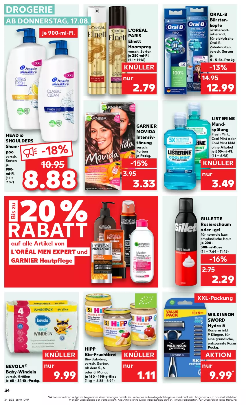 Aktueller Prospekt Kaufland - Prospekt - von 17.08 bis 23.08.2023 - strona 34 - produkty: alkohol, angebot, bio, Brei, bürste, bürsten, elnett, frucht, garnier, gillette, haarspray, Hautpflege, hipp, Intensivtönung, listerine, mint, mundspülung, ohne alkohol, oral-b, rasierer, Rasierschaum, shampoo, spülung, Ti, Tiere, wilkinson, windeln, xxl-packung, zahnbürste, zahnbürsten, ZTE