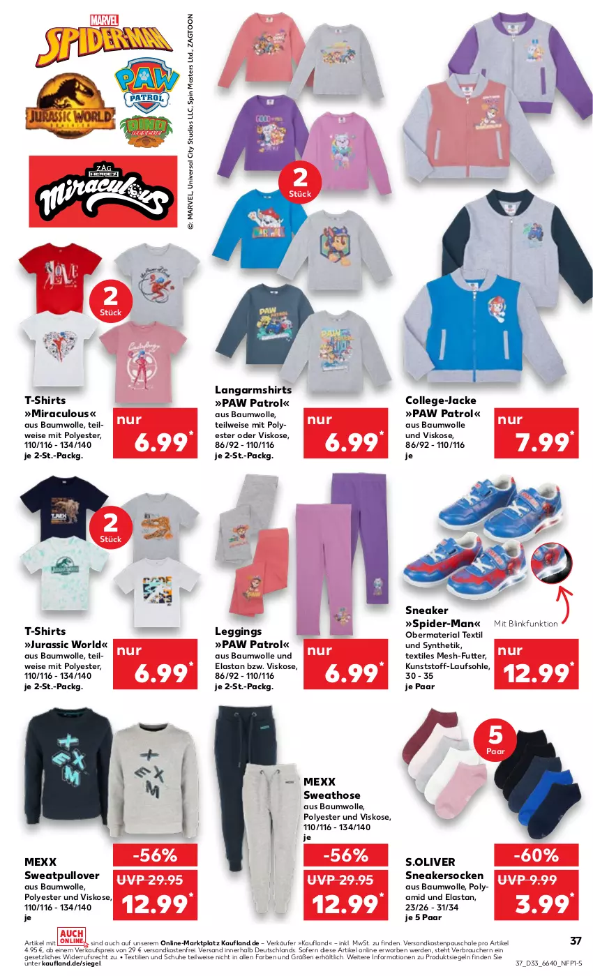 Aktueller Prospekt Kaufland - Prospekt - von 17.08 bis 23.08.2023 - strona 37 - produkty: Bau, baumwolle, eis, erde, gin, hose, Jacke, Jura, Langarmshirt, leggings, Mexx, ndk, olive, Paw Patrol, Pullover, Rauch, reis, Ria, s.oliver, Schal, Schale, schuhe, shirt, shirts, sneaker, sneakersocken, socken, spider-man, Sweathose, T-Shirt, Ti, versandkostenfrei, wolle