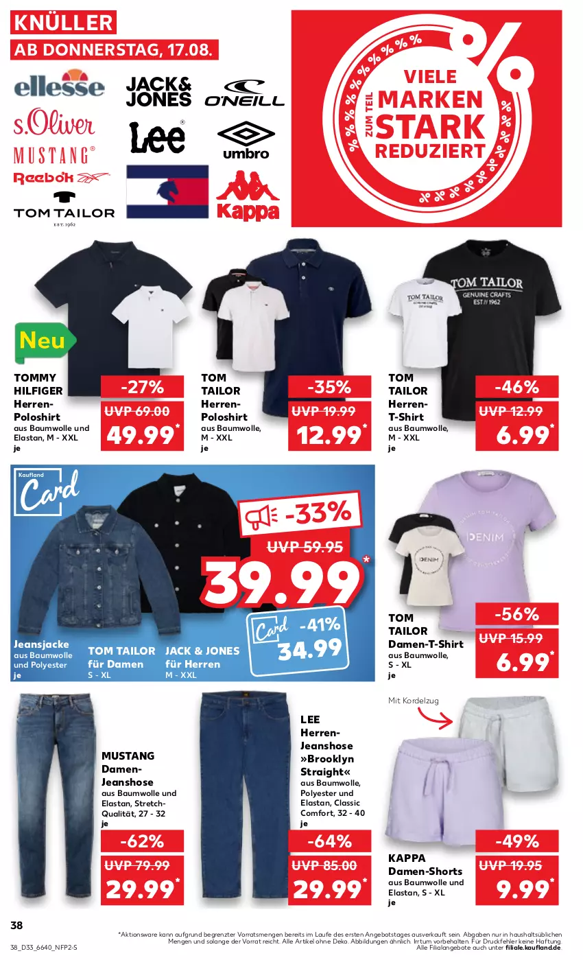 Aktueller Prospekt Kaufland - Prospekt - von 17.08 bis 23.08.2023 - strona 38 - produkty: angebot, angebote, Bau, baumwolle, hose, Jacke, jeans, Jeansjacke, kappa, mustang, poloshirt, shirt, shorts, T-Shirt, Ti, tom tailor, tommy hilfiger, wolle, ZTE