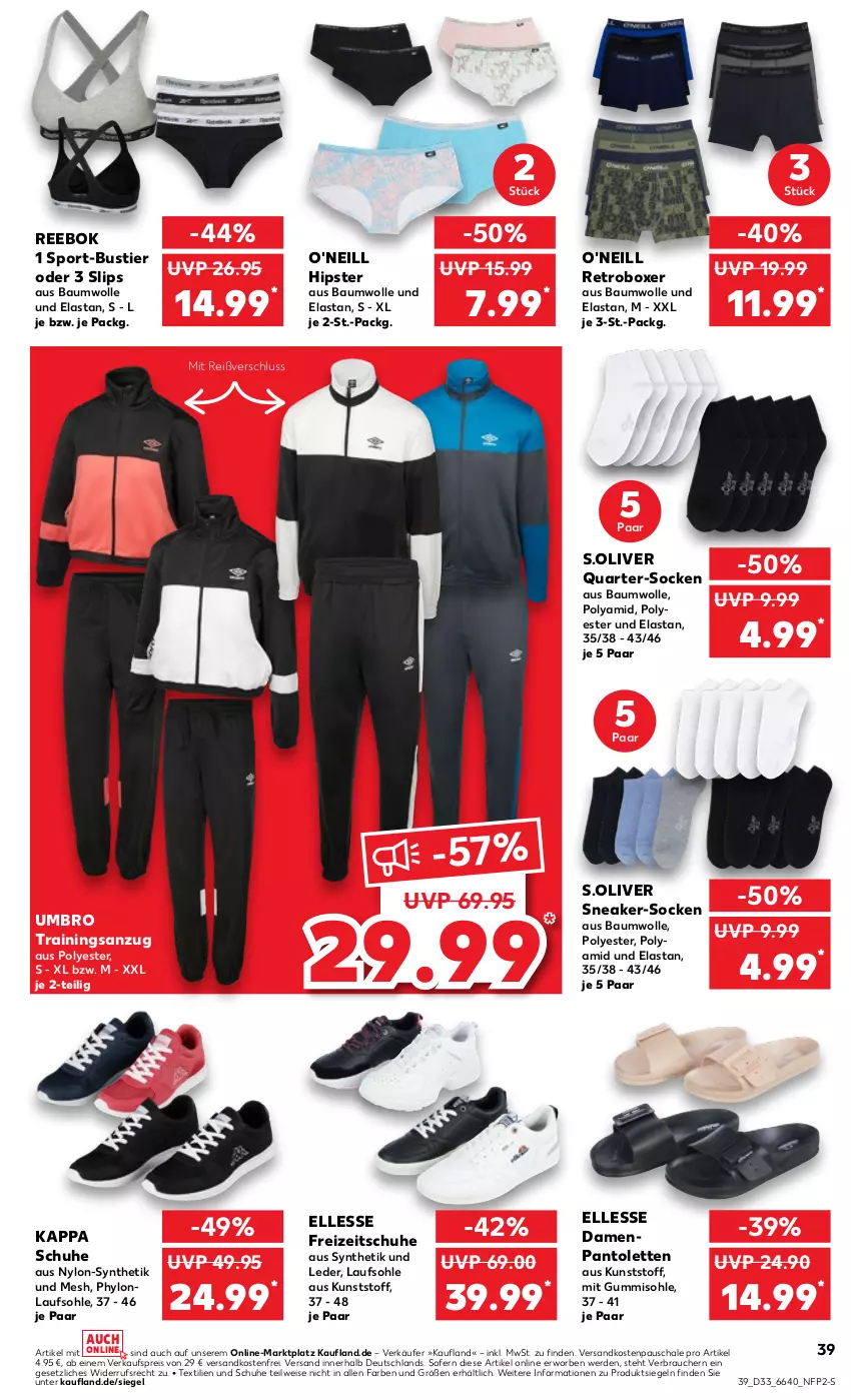 Aktueller Prospekt Kaufland - Prospekt - von 17.08 bis 23.08.2023 - strona 39 - produkty: Anzug, Bau, baumwolle, eis, elle, erde, Freizeitschuhe, Hylo, kappa, ndk, O'Neil, olive, pantolette, pantoletten, Rauch, Reebok, reis, s.oliver, Schal, Schale, schuhe, slip, slips, sneaker, socken, Sport, Stier, Ti, trainingsanzug, Umbro, versandkostenfrei, wolle