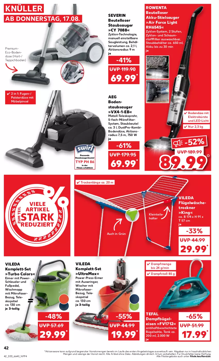 Aktueller Prospekt Kaufland - Prospekt - von 17.08 bis 23.08.2023 - strona 42 - produkty: aeg, Air Force, akku, angebot, angebote, Behälter, beutel, bodenstaubsauger, bügel, Bügeleisen, bürste, dampfbügeleisen, eimer, eis, Elektro, led-licht, mikrofaser, möbel, Pinsel, rama, ring, rowenta, severin, staubbeutel, staubsauger, Stielsauger, tefal, Teleskop, teleskopstiel, teppich, teppichboden, Ti, Trockner, vileda, wäschetrockner, Wischmopp, ZTE