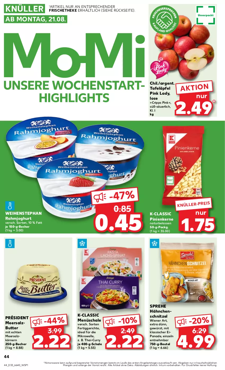 Aktueller Prospekt Kaufland - Prospekt - von 17.08 bis 23.08.2023 - strona 44 - produkty: angebot, Becher, beutel, butter, curry, eis, elle, fertiggericht, fertiggerichte, gewürz, Hähnchenschnitzel, joghur, joghurt, meersalz, Meersalzbutter, mikrowelle, natur, pinienkerne, Pink Lady, rahmjoghurt, salz, Schal, Schale, schnitzel, tafeläpfel, Ti, weihenstephan, wiener, ZTE