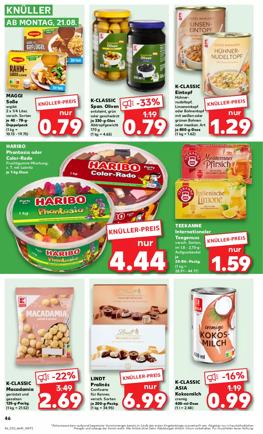 Aktueller Prospekt Kaufland - Prospekt - von 17.08 bis 23.08.2023 - strona 46 - produkty: angebot, beutel, bohne, bohnen, eintopf, eis, frucht, fruchtgummi, haribo, hühner, kokos, kokosmilch, Lakritz, lindt, linsen, mac, macadamia, maggi, milch, nudel, nuss, olive, oliven, salz, Soße, tee, teekanne, Ti, topf, ZTE