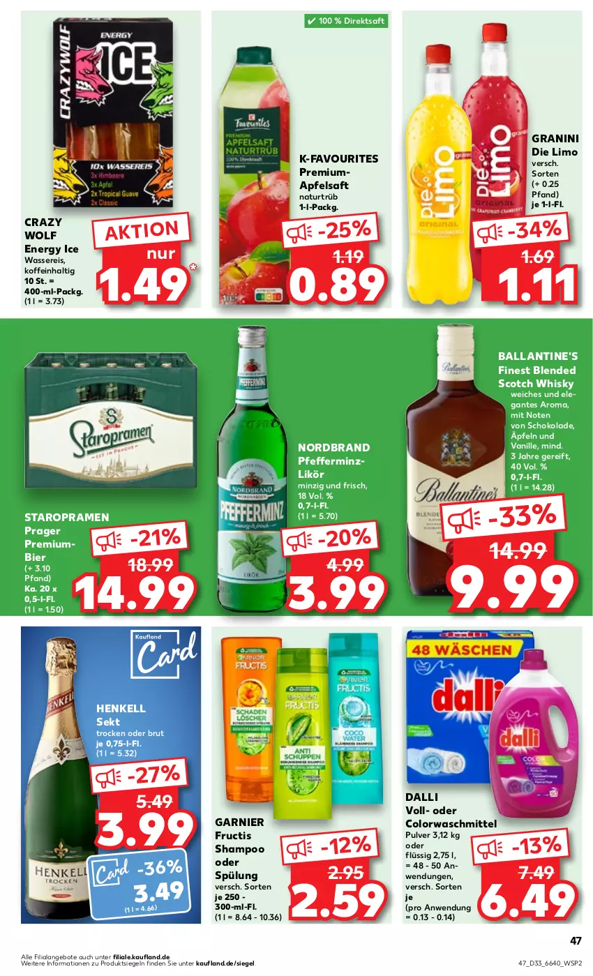 Aktueller Prospekt Kaufland - Prospekt - von 17.08 bis 23.08.2023 - strona 47 - produkty: angebot, angebote, apfel, apfelsaft, ball, Ballantine's, bier, blended scotch, blended scotch whisky, brut, colorwaschmittel, dalli, direktsaft, eis, fructis, garnier, granini, granini die limo, henkel, henkell, henkell sekt, likör, limo, natur, nordbrand, pfeffer, pfefferminzlikör, Premiumbier, reis, saft, schoko, schokolade, scotch, scotch whisky, sekt, shampoo, shampoo oder spülung, spülung, Staropramen, Ti, vanille, waschmittel, wasser, wassereis, whisky