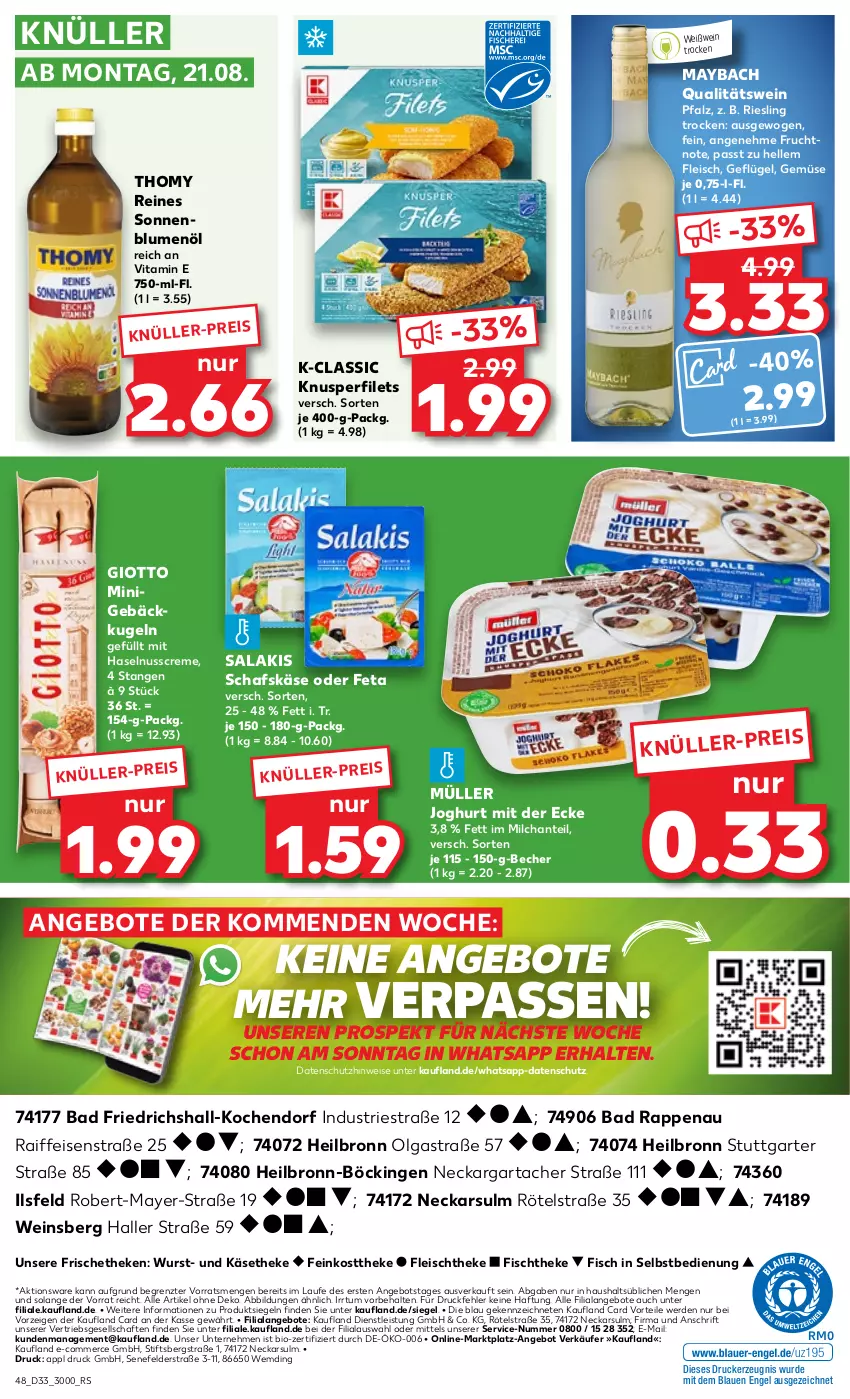 Aktueller Prospekt Kaufland - Prospekt - von 17.08 bis 23.08.2023 - strona 48 - produkty: angebot, angebote, Astra, Bad, Becher, bio, blume, blumen, blumenöl, creme, drucker, eis, elle, Engel, erde, feinkost, feinkosttheke, feta, filet, filets, fisch, fischtheke, fleisch, frucht, Geflügel, giotto, haselnuss, Haselnusscreme, joghur, joghurt, joghurt mit der ecke, Käse, käsetheke, kerze, Kugel, LG, maybach, milch, Müller, nuss, qualitätswein, riesling, salakis, schafskäse, sonnenblume, sonnenblumen, sonnenblumenöl, thomy, Ti, vita, wein, Weißwein, wurst, ZTE