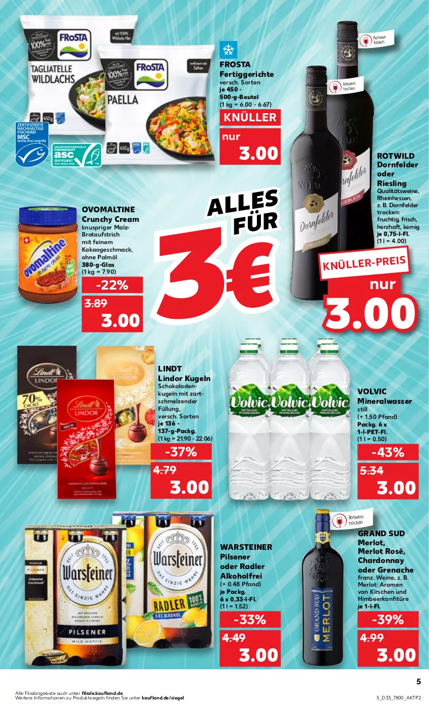 Aktueller Prospekt Kaufland - Prospekt - von 17.08 bis 23.08.2023 - strona 5 - produkty: alkohol, Alwa, angebot, angebote, aufstrich, beutel, brot, brotaufstrich, chardonnay, dornfelder, eis, fertiggericht, fertiggerichte, frosta, frucht, grand sud, himbeer, kakao, kirsch, kirsche, kirschen, konfitüre, Kugel, lindor, lindt, mac, malz, merl, merlot, mineralwasser, Mineralwasser Still, oder radler, ohne palmöl, ovomaltine, pils, pilsener, qualitätswein, qualitätsweine, radler, riesling, rotwein, schoko, schokolade, schokoladen, steiner, Ti, volvic, warsteiner, wasser, wein, weine, Wild