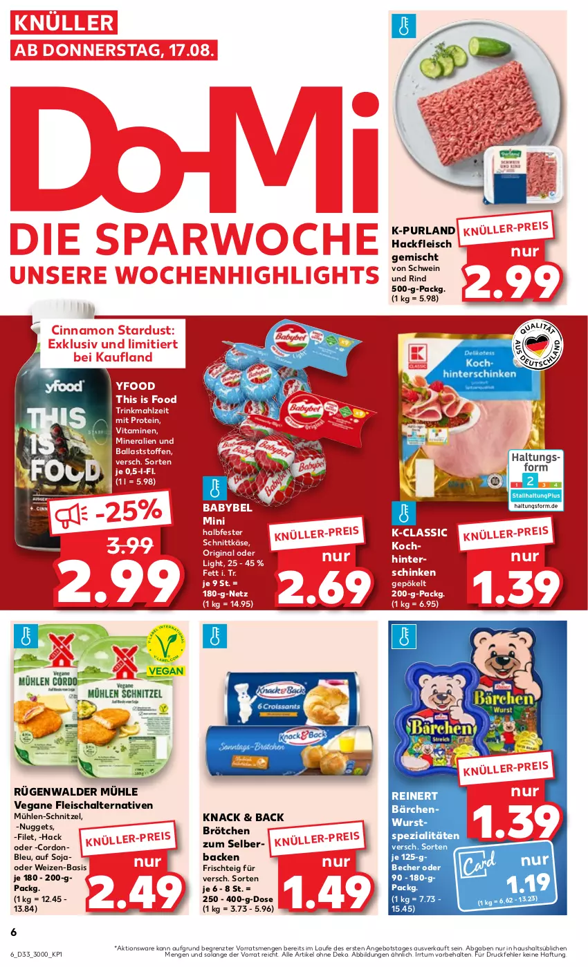 Aktueller Prospekt Kaufland - Prospekt - von 17.08 bis 23.08.2023 - strona 6 - produkty: angebot, babybel, ball, Becher, brötchen, cin, eis, filet, fleisch, Fleischalternative, gin, hackfleisch, hackfleisch gemischt, halbfester schnittkäse, hinterschinken, Käse, nuggets, purland, reinert, reis, rind, rügenwalder, rügenwalder mühle, Schal, schinken, schnittkäse, schnitzel, schwein, schwein und rind, soja, Spezi, Ti, Vegane Fleisch, vita, Vitamine, wein, wurst, ZTE