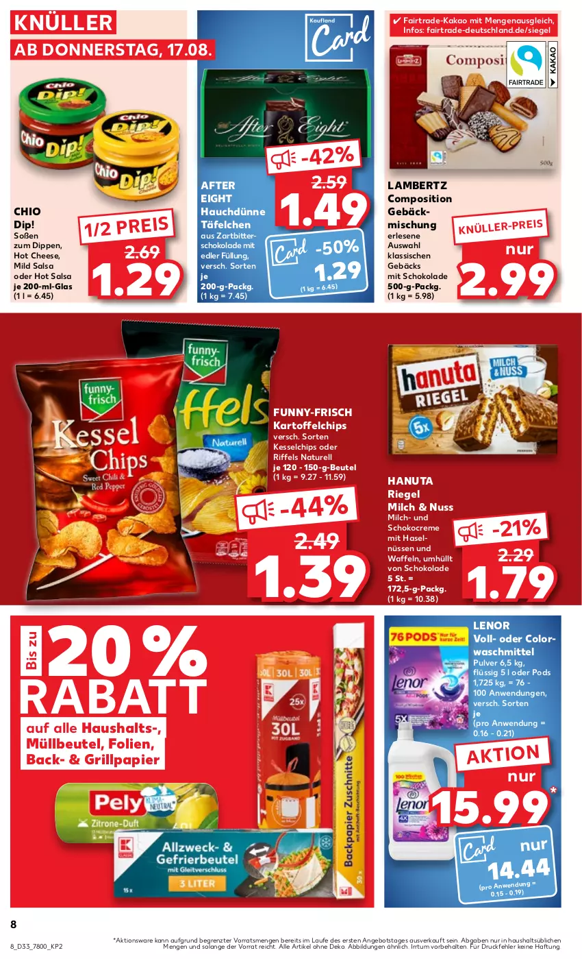 Aktueller Prospekt Kaufland - Prospekt - von 17.08 bis 23.08.2023 - strona 8 - produkty: after eight, Amber, angebot, beutel, chips, colorwaschmittel, creme, dip, eis, funny-frisch, gebäckmischung, grill, hanuta, kakao, kartoffel, kartoffelchips, lambertz, lenor, milch, müllbeutel, natur, nuss, papier, Pods, reis, rel, riegel, Salsa, schoko, schokolade, Soße, Ti, waffeln, waschmittel, Zartbitterschokolade, ZTE