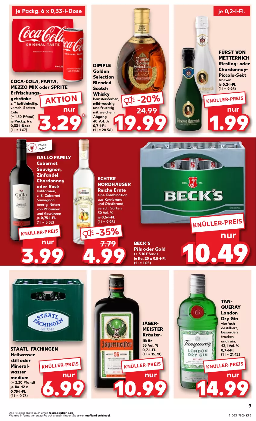 Aktueller Prospekt Kaufland - Prospekt - von 17.08 bis 23.08.2023 - strona 9 - produkty: angebot, angebote, beck's, blended scotch, blended scotch whisky, cabernet, cabernet sauvignon, chardonnay, coca-cola, cola, dry gin, eis, erfrischungsgetränk, erfrischungsgetränke, fanta, frucht, fürst von metternich, gallo, gallo family, Germ, getränk, getränke, gewürz, gin, jägermeister, korn, kräuter, kräuterlikör, likör, london dry, london dry gin, Meister, Mett, metternich, Mezzo Mix, obst, Obstbrand, oder sprite, pflaume, pflaumen, pils, Rauch, riesling, rotwein, sauvignon, scotch, scotch whisky, sekt, sprite, Staatl. Fachingen, Tanqueray, Ti, wasser, wein, whisky