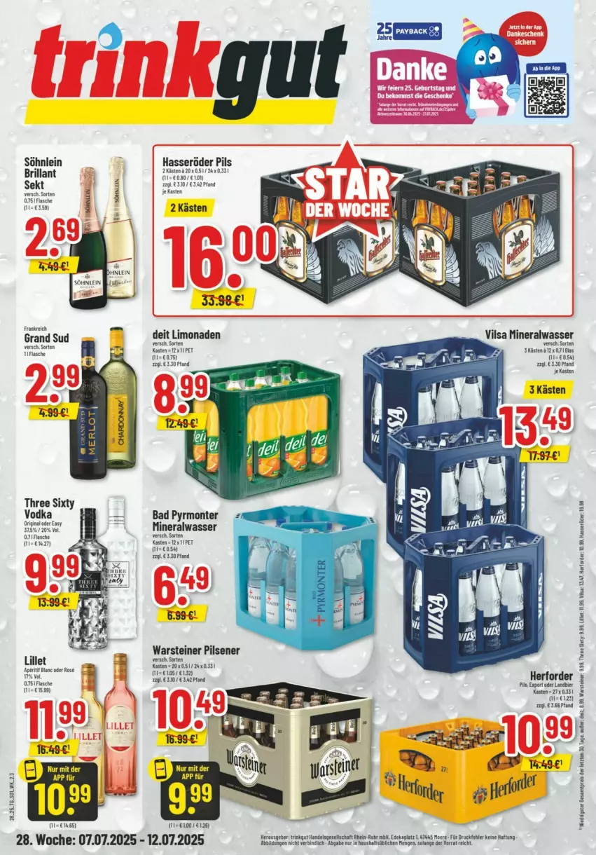 Aktueller Prospekt Trinkgut - Prospekte - von 06.07 bis 12.07.2025 - strona 1 - produkty: Alwa, Bad, bier, deit, eis, elle, flasche, gin, hasseröder, lillet, limo, limonade, limonaden, mineralwasser, monte, pils, pilsener, reis, rind, sekt, söhnlein, steiner, Three Sixty, vodka, warsteiner, wasser, ZTE