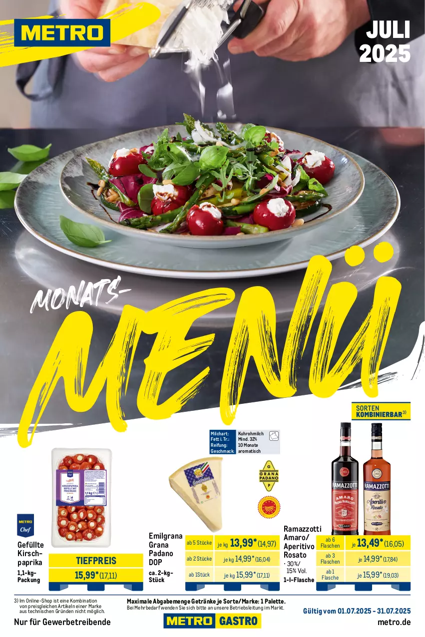 Aktueller Prospekt Metro - Monats-Menü - von 01.07 bis 31.07.2025 - strona 1 - produkty: amaro, eis, flasche, getränk, getränke, grana, grana padano, HP, kirsch, LG, mac, Metro, milch, padano, Palette, paprika, rama, ramazzott, ramazzotti, Rana, reis, rosato, Ti, tiefpreis, tisch, uhr, zott