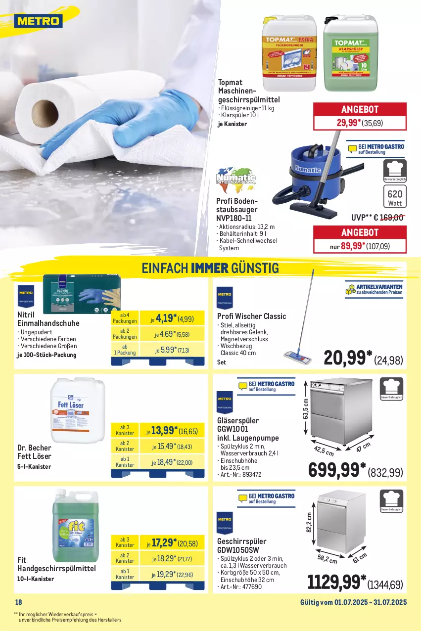 Aktueller Prospekt Metro - Monats-Menü - von 01.07 bis 31.07.2025 - strona 18 - produkty: angebot, Becher, Behälter, bodenstaubsauger, eis, elle, geschirr, geschirrspüler, geschirrspülmittel, Gläser, handschuhe, klarspüler, korb, Rauch, reiniger, reis, schuhe, spülmittel, staubsauger, teller, Ti, wasser