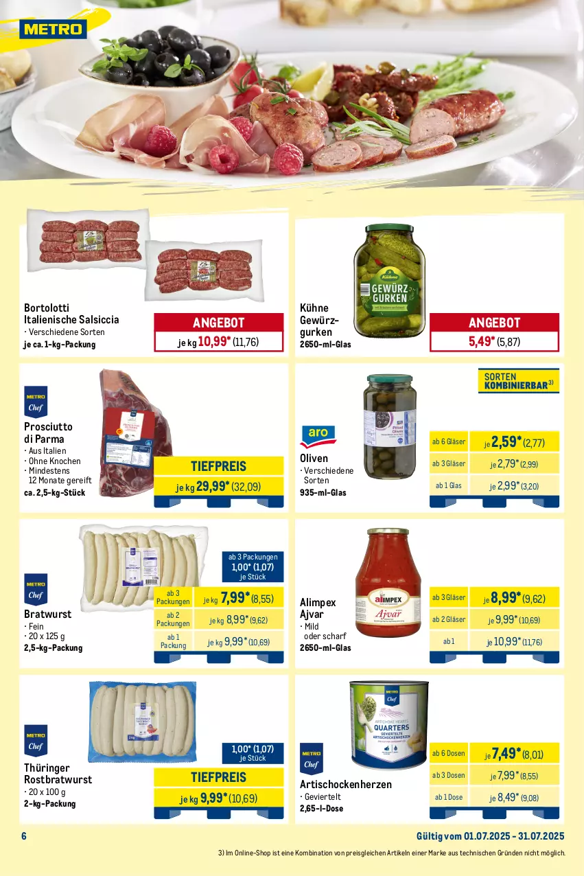 Aktueller Prospekt Metro - Monats-Menü - von 01.07 bis 31.07.2025 - strona 6 - produkty: Ajvar, angebot, Artischocken, barilla, beutel, bratwurst, eis, gewürz, Gewürzgurke, gewürzgurken, gin, Gläser, gurke, gurken, Kühne, lieferservice, olive, oliven, olivenöl, olivenöl extra, pasta, pesto, prosciutto, Prosciutto di Parma, reis, ring, rostbratwurst, salsiccia, thüringer rostbratwurst, Ti, tiefpreis, tisch, wurst