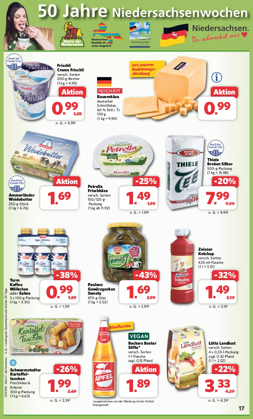 Aktueller Prospekt Combi - Prospekte - von 15.04 bis 20.04.2024 - strona 17 - produkty: Abtei, ammerländer, auer, Bau, Bauer, Becher, Beckers Bester, butter, creme, deutscher schnittkäse, eis, flasche, frischkäse, frischli, gewürz, Gewürzgurke, gewürzgurken, glasflasche, gurke, gurken, kaffee, kartoffel, Käse, ketchup, kräuter, merl, orange, orangen, orangensaft, petrella, reis, rel, saft, säfte, sahne, schnittkäse, schwarmstedter, Tasche, taschen, Ti, ZTE