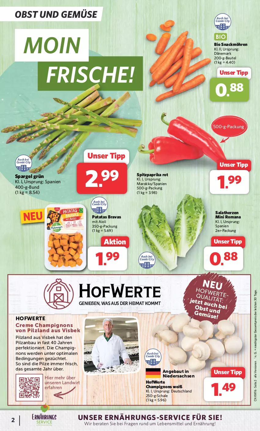 Aktueller Prospekt Combi - Prospekte - von 15.04 bis 20.04.2024 - strona 2 - produkty: aioli, Bau, beutel, bio, champignon, champignons, creme, eis, erde, lebensmittel, möhren, obst, Obst und Gemüse, paprika, paprika rot, pilze, reis, sac, salat, salatherzen, Schal, Schale, snack, spargel, spargel grün, Spitzpaprika, Ti, und gemüse, ZTE