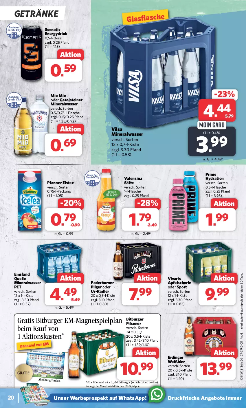 Aktueller Prospekt Combi - Prospekte - von 15.04 bis 20.04.2024 - strona 20 - produkty: Alwa, angebot, angebote, apfel, Apfelschorle, bier, bitburger, bitburger pils, burger, drink, eis, eistee, elle, erdinger, flasche, gerolsteine, gerolsteiner, getränk, getränke, glasflasche, LG, Magnets, mineralwasser, Mio Mio, pfanne, Pfanner, pils, pilsener, radler, reis, säfte, schorle, Sport, steiner, tee, Ti, valensina, vilsa, Vivaris, wasser, ZTE