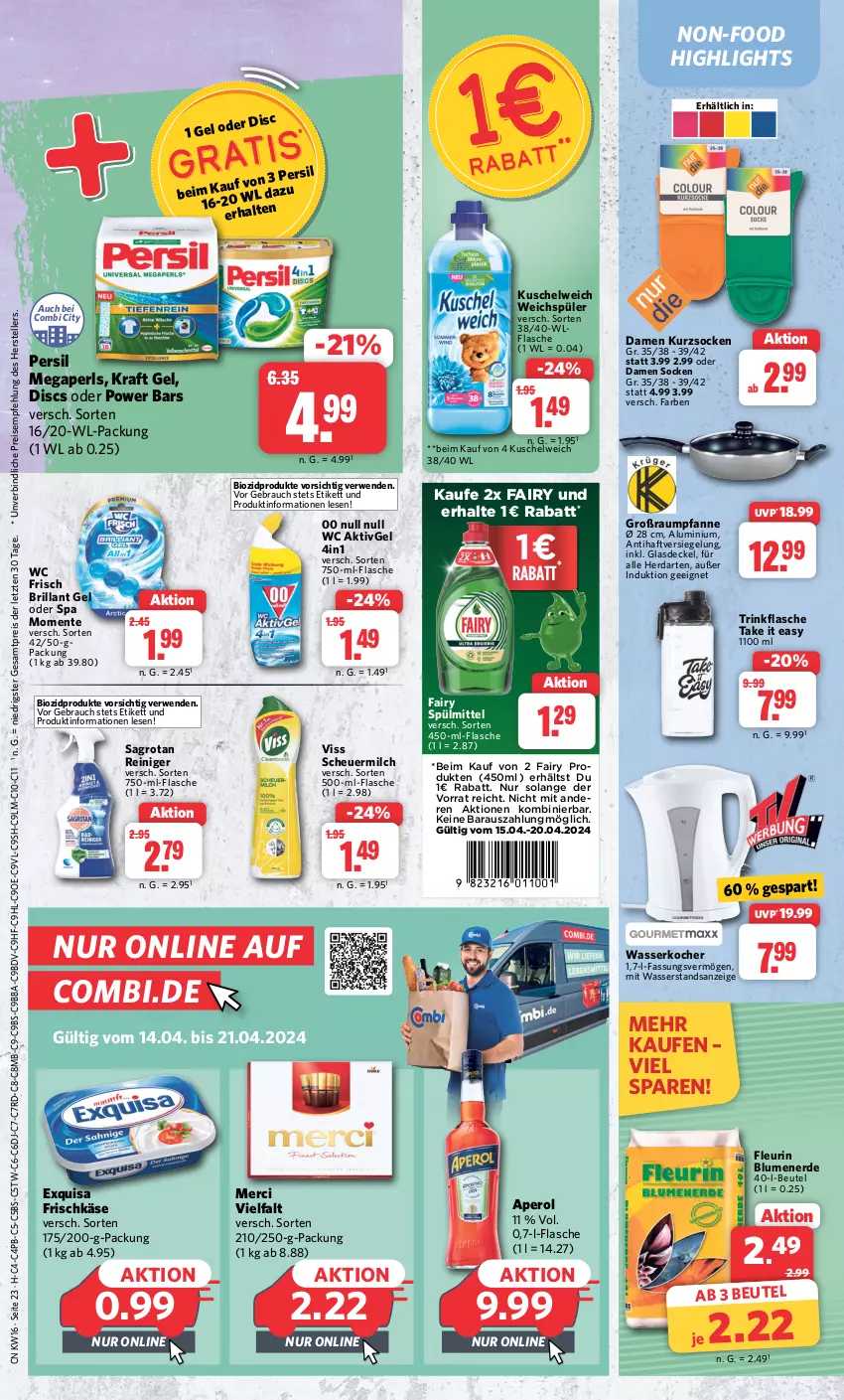 Aktueller Prospekt Combi - Prospekte - von 15.04 bis 20.04.2024 - strona 23 - produkty: aperol, beutel, bio, biozidprodukte, blume, blumen, blumenerde, decke, Deckel, eis, elle, ente, erde, exquisa, exquisa frischkäse, fairy, flasche, frischkäse, Glasdeckel, herdarten, Heu, Käse, Kocher, kraft, Kuschelweich, megaperls, merci, milch, persil, pfanne, Rauch, reiniger, reis, rwe, sagrotan, scheuermilch, socken, spülmittel, teller, Ti, trinkflasche, wasser, wasserkocher, wc frisch, weichspüler, ZTE