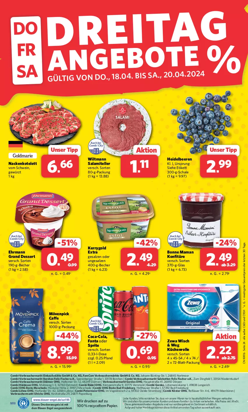 Aktueller Prospekt Combi - Prospekte - von 15.04 bis 20.04.2024 - strona 24 - produkty: aeg, angebot, angebote, auer, Bad, Becher, beere, beeren, Berger, bonne maman, caffe, coca-cola, cola, dessert, drucker, ehrmann, Ehrmann Grand Dessert, eier, eis, elle, Engel, erde, fanta, fanta oder, fanta oder sprite, felix, fisch, fische, Fischer, gewürz, heidelbeere, heidelbeeren, kerrygold, kerrygold extra, kerze, konfitüre, kotelett, küche, Küchen, küchenrolle, mam, mövenpick, oder sprite, papier, Rauch, reis, salami, salz, Schal, Schale, schwein, sprite, teller, Ti, wein, wiltmann, zewa, ZTE