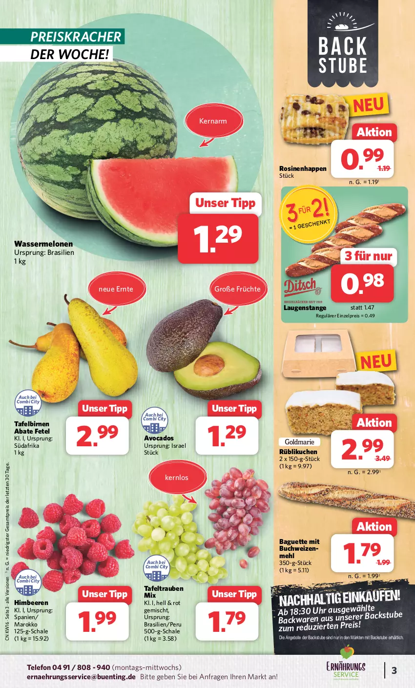 Aktueller Prospekt Combi - Prospekte - von 15.04 bis 20.04.2024 - strona 3 - produkty: angebot, angebote, avocado, avocados, baguette, beere, beeren, Birnen, buch, eis, früchte, himbeer, himbeere, himbeeren, kracher, kuchen, Laugenstange, mehl, melone, melonen, reis, Schal, Schale, stube, tafelbirnen, tafeltrauben, telefon, Ti, trauben, uhr, wasser, wassermelone, wassermelonen, weizenmehl, ZTE