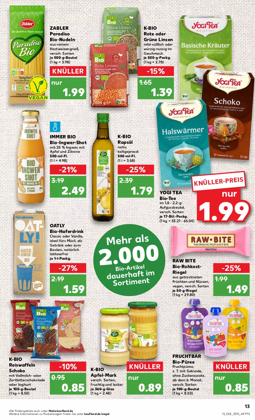 Aktueller Prospekt Kaufland - von 12.01 bis 18.01.2023 - strona 13 - produkty: angebot, angebote, apfel, beutel, bio, drink, eis, eiswaffeln, frucht, früchte, früchten, getränk, hafer, Haferdrink, hartweizen, ingwer, joghur, joghurt, linsen, mac, milch, müsli, nudel, nudeln, nuss, püree, rapsöl, reis, Reiswaffeln, riegel, schoko, schokolade, tee, Ti, vanille, vollmilch, waffeln, Yo, Zabler, Zartbitterschokolade, zitrone, zucker