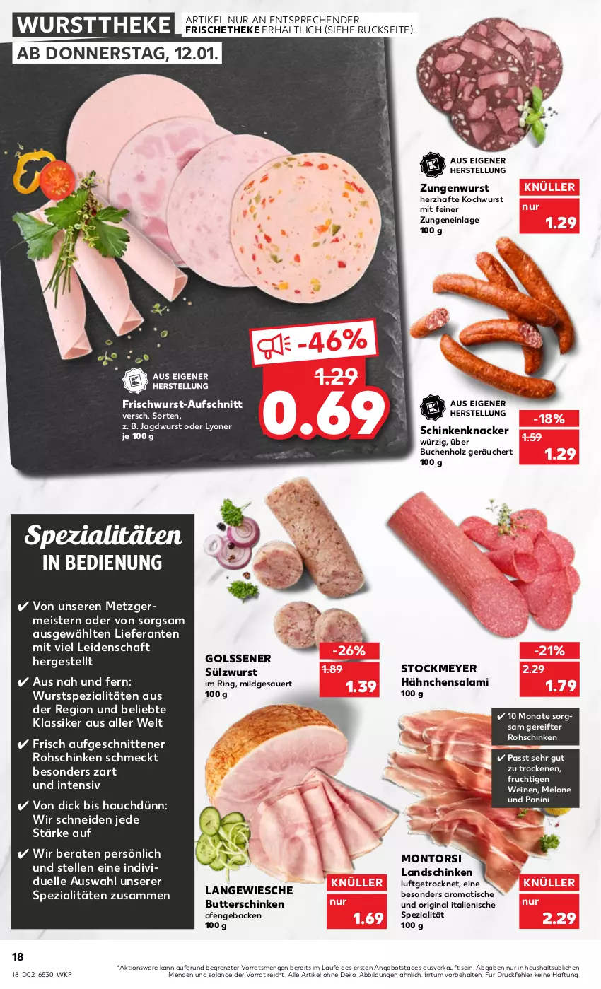 Aktueller Prospekt Kaufland - von 12.01 bis 18.01.2023 - strona 18 - produkty: angebot, aufschnitt, buch, butter, eis, elle, frischwurst-aufschnitt, frucht, geback, Germ, gin, Holz, jagdwurst, knacker, landschinken, lyoner, Meister, melone, montorsi, Ofen, ring, rohschinken, salami, schinken, schnitten, Spezi, stockmeyer, Ti, tisch, wein, weine, wurst, wursttheke, Yo, ZTE