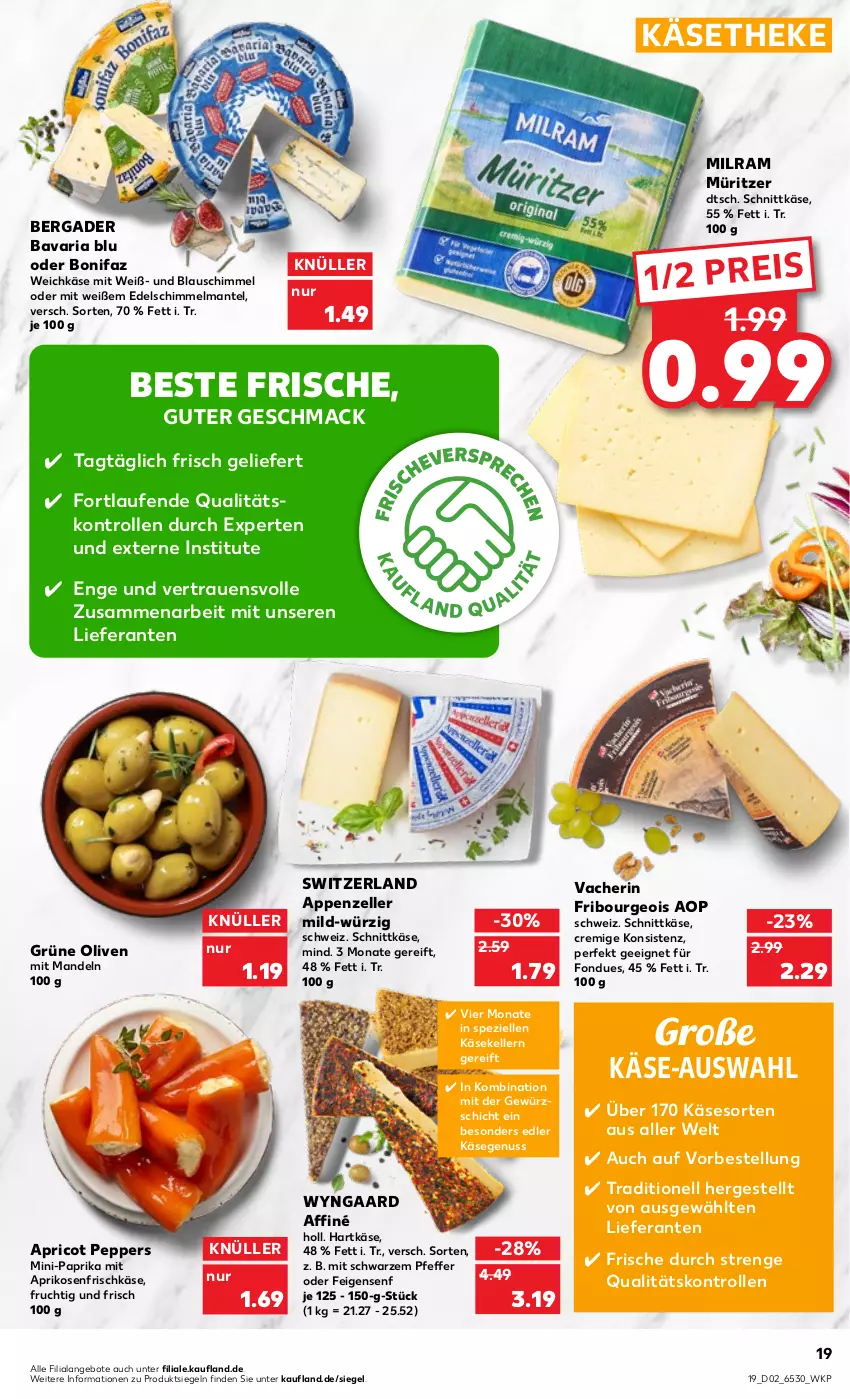 Aktueller Prospekt Kaufland - von 12.01 bis 18.01.2023 - strona 19 - produkty: angebot, angebote, appenzeller, aprikose, aprikosen, bavaria blu, bergader, eis, elle, Feigen, Fondue, frischkäse, frucht, gewürz, grüne oliven, hartkäse, Käse, käsetheke, Laufen, mac, mandel, mandeln, Mantel, milram, nuss, olive, oliven, paprika, pfeffer, reis, Ria, schnittkäse, senf, Spezi, Ti, weichkäse