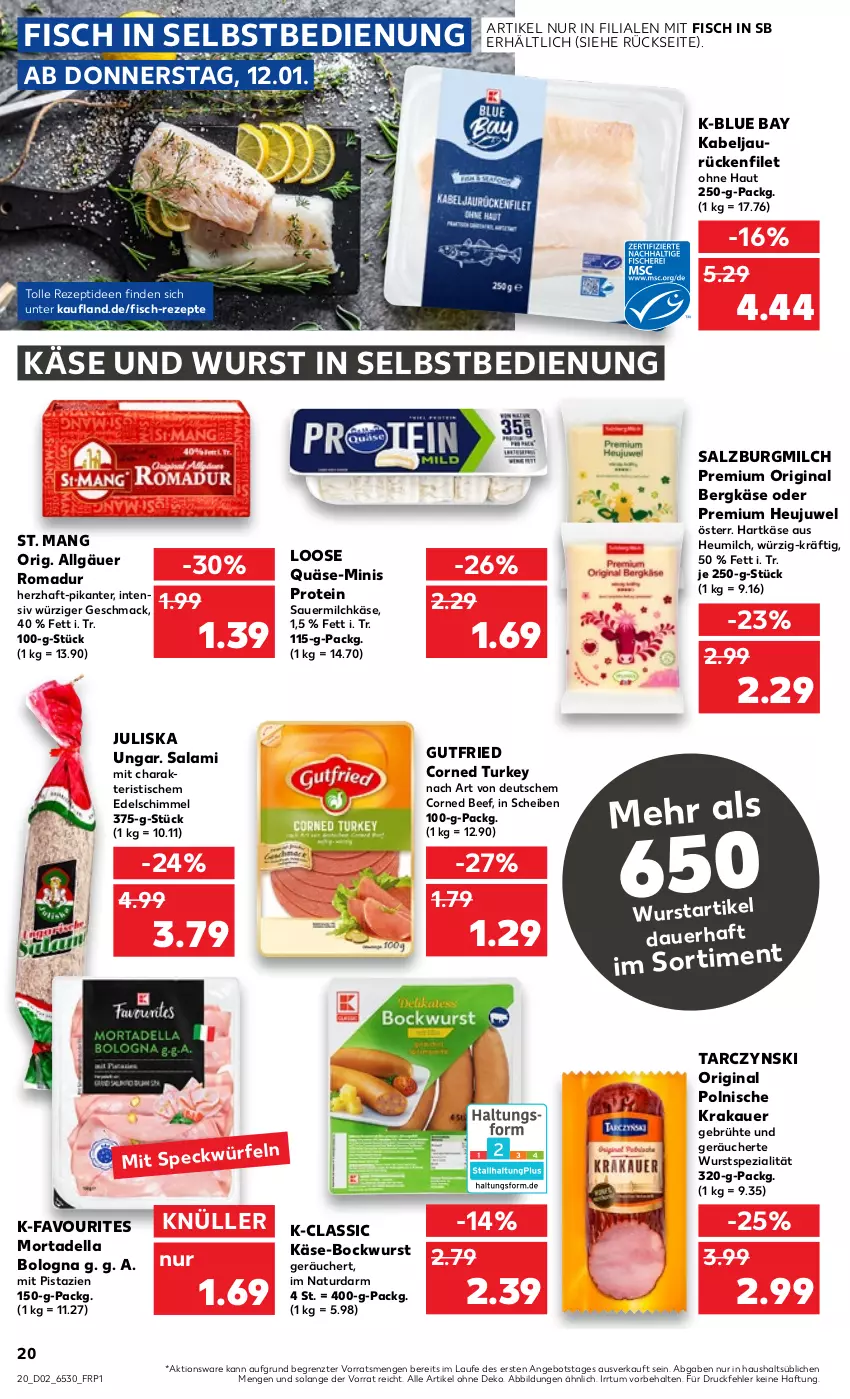 Aktueller Prospekt Kaufland - von 12.01 bis 18.01.2023 - strona 20 - produkty: angebot, auer, beef, Bergkäse, bockwurst, corned beef, dell, filet, fisch, gin, gutfried, hartkäse, Heu, Heujuwel, heumilch, Käse, krakauer, LG, Loose, mac, milch, mit pistazien, mortadella, natur, pistazien, quäse, rezept, rezepte, salami, salz, SalzburgMilch, Sauermilchkäse, Speck, Spezi, St. Mang, Ti, tisch, wurst, wurst in selbstbedienung, ZTE