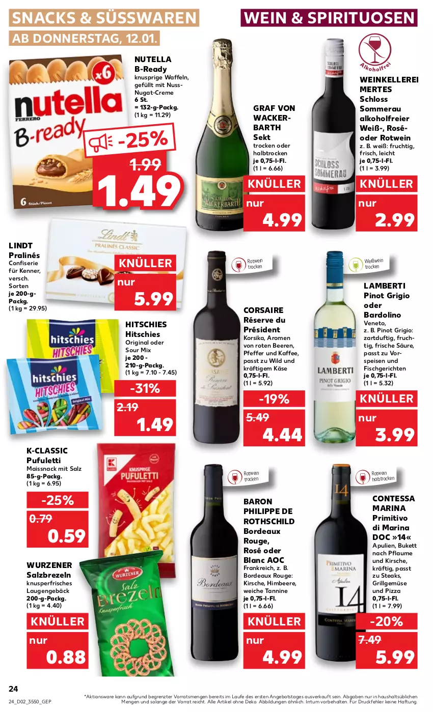 Aktueller Prospekt Kaufland - von 12.01 bis 18.01.2023 - strona 24 - produkty: alkohol, Amber, angebot, beere, beeren, brezel, Brezeln, Corsaire, creme, eier, eis, elle, fisch, frucht, gin, grill, himbeer, himbeere, kaffee, Käse, kirsch, kirsche, LG, lindt, mais, nuss, nutella, pfeffer, pflaume, Pinot, pinot grigio, pizza, primitivo, rotwein, rouge, salz, sekt, snack, snacks, spirituosen, steak, steaks, süsswaren, Ti, vorspeise, waffeln, wein, Weißwein, Wild, ZTE